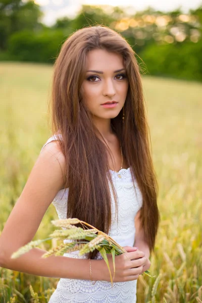 Belle Femme Jeune Posant Dans Champ Blé Été — Photo