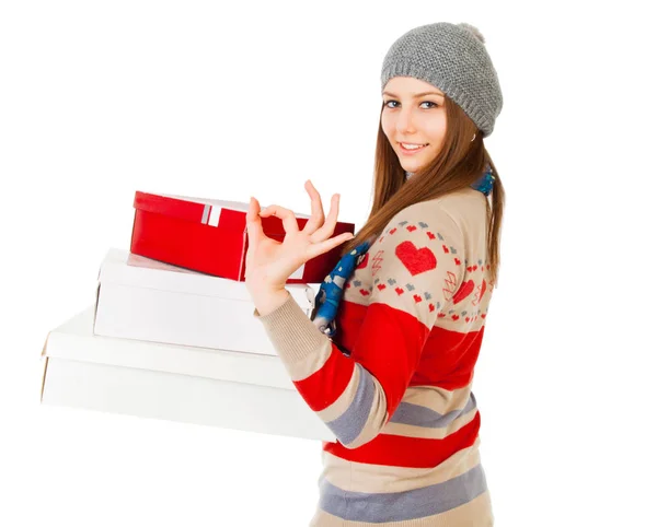 Aantrekkelijke Jonge Vrouw Glb Pakketten Geïsoleerd Een Witte Achtergrond Winter — Stockfoto
