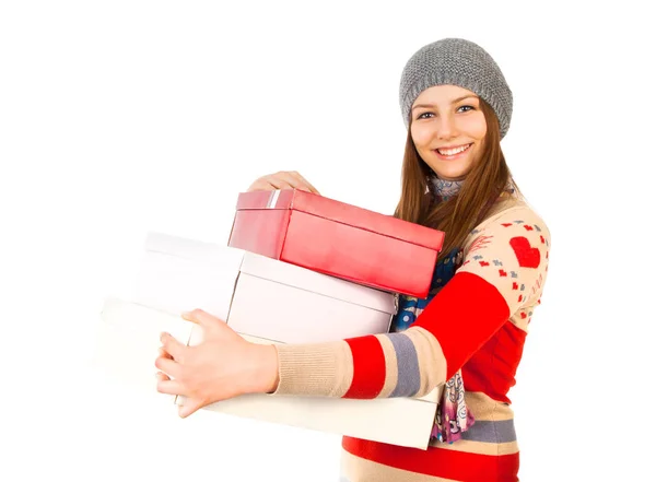 Aantrekkelijke Jonge Vrouw Glb Holding Pakketten Geïsoleerd Een Witte Achtergrond — Stockfoto