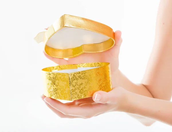 Female Hands Opening Beautiful Golden Gift Box Isolated White Background — Stock Photo, Image