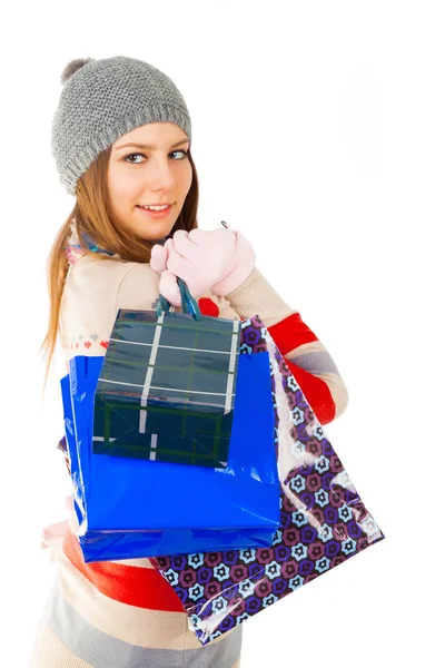 Aantrekkelijke Jonge Vrouw Glb Holding Boodschappentassen Geïsoleerd Een Witte Achtergrond — Stockfoto