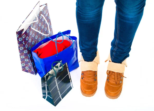 Concepto Venta Pies Mujer Con Una Bolsa Compras Buenas Ventas — Foto de Stock