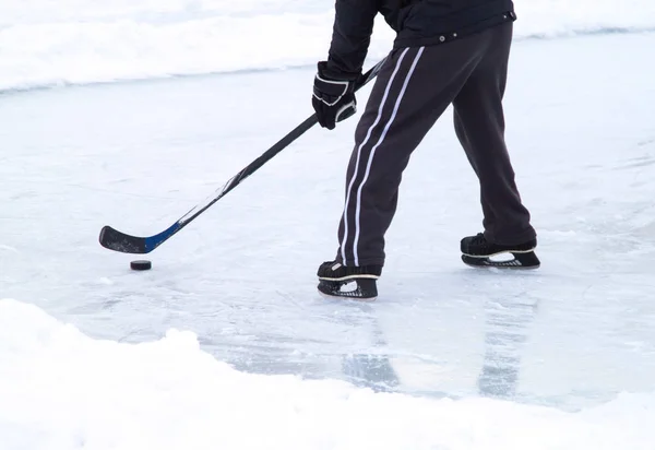 Man Ice Skates Stick Winter Ice Play Hockey Stock Image