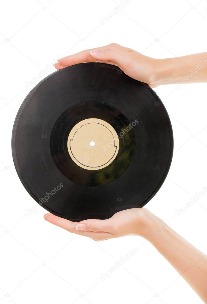 female hands holding Vinil Record isolated on white background