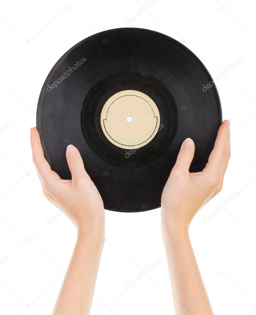 female hands holding Vinil Record isolated on white background