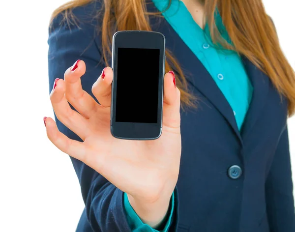 Mujer de negocios con hermosas manos Mostrando pantalla en blanco de tou — Foto de Stock