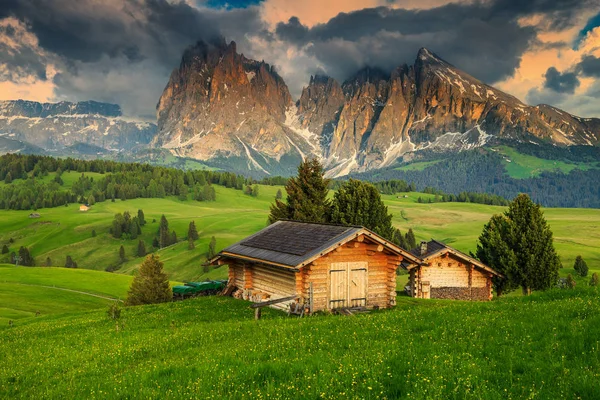 Alpe Siusi Seiser Alm Grupą Górską Sassolungo Langkofel Tle Zachodzie — Zdjęcie stockowe