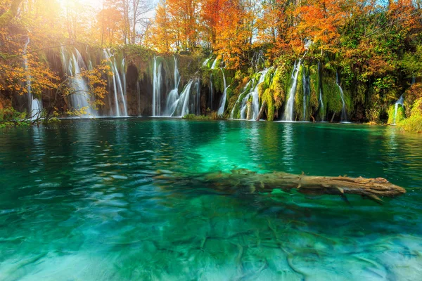 Fantastik renkli sonbahar manzara muhteşem göl ve şelaleler Plitvice Gölleri Milli Parkı, Hırvatistan, Avrupa