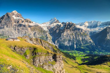 Dağ dağ evi ile arka plan, Grindelwald, Bernese Oberland, İsviçre, Avrupa yüksek dağlarda ilk adlandırılmış holiday resort Doğum