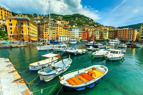 Wunderschöner Mediterraner Hafen Farbenfrohe Gebäude Mit Booten Und Jachten Camogli — Stockfoto