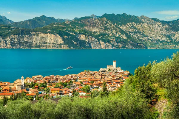 Spektakulärer Malcesine Touristischer Erholungsort Und Olivenplantage Mit Majestätischem Gardasee Hintergrund — Stockfoto