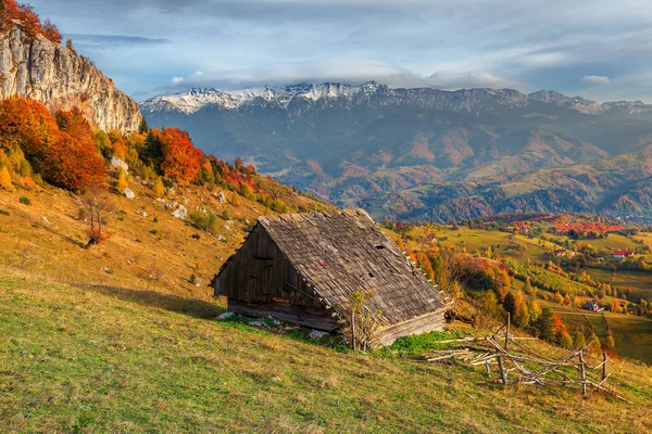 素晴らしい秋の山岳風景 壮大な木造小屋と高い雪山バック グラウンド近くのふすま マグラ ルーマニア トランシルバニア ヨーロッパで有名なアルプスの村 — ストック写真