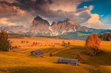 Alpe di Siusi - Seiser Alm ile Sassolungo - Langkofel dağ grup günbatımı, arka planda. Renkli sonbahar manzara ve ahşap chalets Dolomites, Trentino Alto Adige, South Tyrol, İtalya, Avrupa'nın