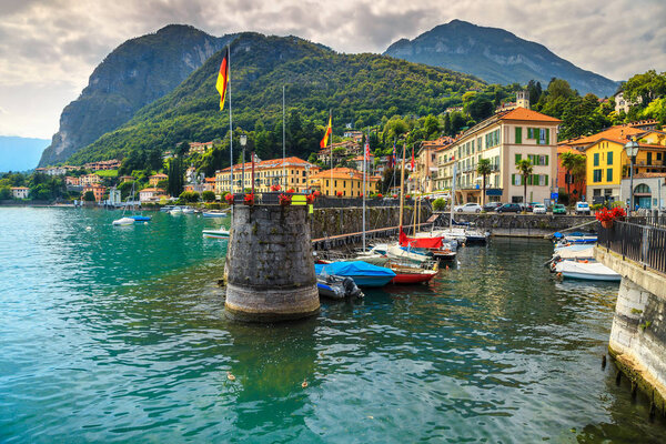 Fantastic holiday resort, luxury colorful villas and harbor with luxury yachts, motorboats in Menaggio, Lake Como, Lombardy region, Italy, Europe