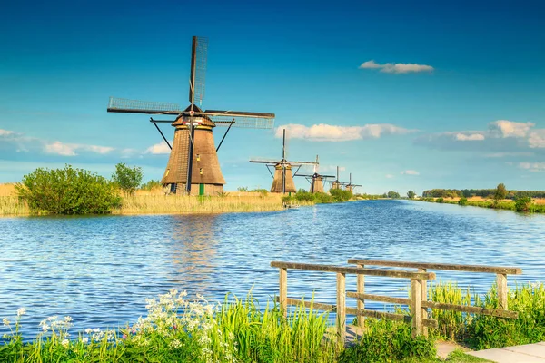 神话般的旅游场所 美丽的水渠在 Kinderdijk 与传统的老荷兰风车 联合国教科文组织世界遗产 — 图库照片