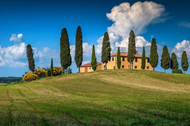Yaz tatili yerleştirin ve seyahat hedef, selvi ağaçları, Pienza, Toskana, İtalya, Avrupa ile tepede fantastik geleneksel Tuscany taş ev