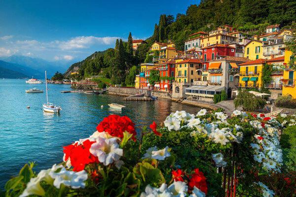 Wonderful summer holiday resort, colorful mediterranean buildings and luxury villas with fantastic harbor, Varenna, lake Como, Lombardy, Italy, Europe