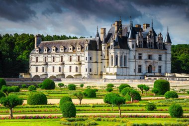 Ünlü süs Bahçe Chenonceau kale Loire Valley, Fransa, Avrupa'nın renkli çiçekli