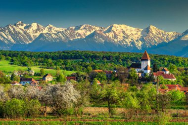 Muhteşem bahar kırsal manzara, Hosman kilise ve yüksek karlı Fagaras dağlarda arka plan, Sibiu bölge, Transilvanya, Romanya, Europe