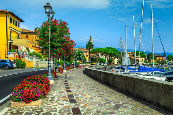 Erstaunliche Gepflasterte Promenade Mit Bunten Mediterranen Blumen Luxusyachten Boote Und — Stockfoto