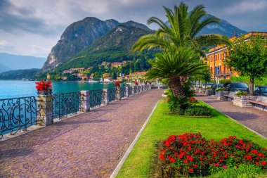 Renkli çiçekler ve muhteşem yürüyüş yolu, Como Gölü, Menaggio, Lombardy, Italya