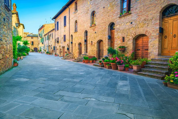 Rustikální kamenné domy zdobené pestrobarevnými květy Pienza, Toskánsko, Itálie — Stock fotografie