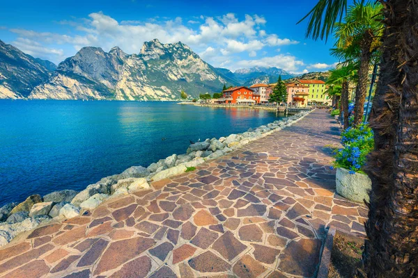 Flores de verano y impresionante paseo marítimo, lago de Garda, Torbole, Italia, Europa — Foto de Stock