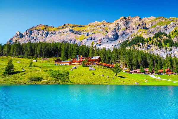 Admirable lac alpin avec forêt et haute montagne, Oeschinensee, Suisse — Photo