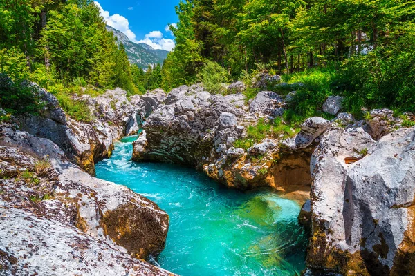 Emerald színes Soca folyó sziklás kanyon közelében Bovec, Szlovénia — Stock Fotó