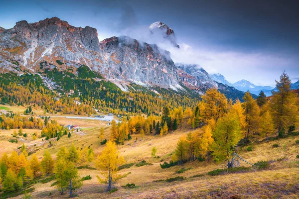 ドロミテ、イタリアの黄色い幼虫と雄大な秋の風景 — ストック写真
