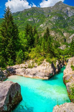 Bovec yakınlarındaki dar kanyon ile Zümrüt rengi Soca nehri, Slovenya