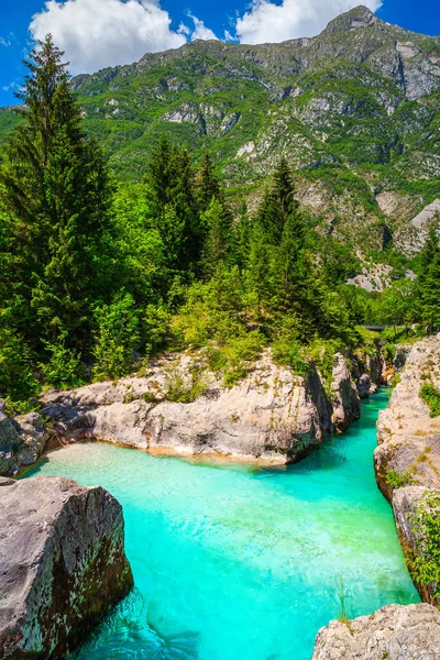 Smaragdová barva řeka Soca s úzkým kaňonem poblíž Bovec, Slovinsko — Stock fotografie