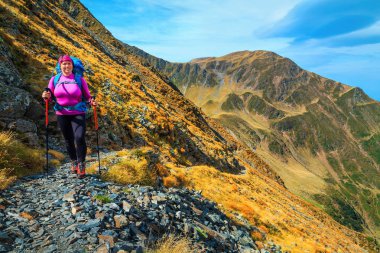 Dağlarda Sağlıklı aktif backpacker yürüyüşçü kadın, Karpatlar, Transilvanya, Romanya 