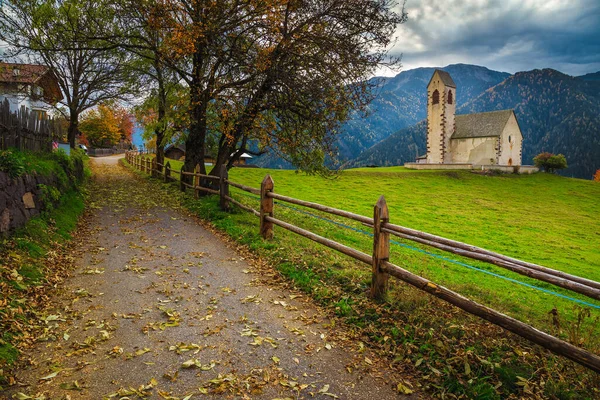 歩道に落葉樹やカラフルな葉を持つ秋の田園風景 丘の上のかわいい高山聖ヤコブ教会 フネス渓谷 ドロミテ イタリア ヨーロッパ — ストック写真