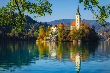 Sonbaharda göz kamaştırıcı turistik ve gezici bir yer. Takdire şayan göl Küçük ada Bled, Slovenya, Avrupa 'daki ünlü Hac Kilisesi ile doldu