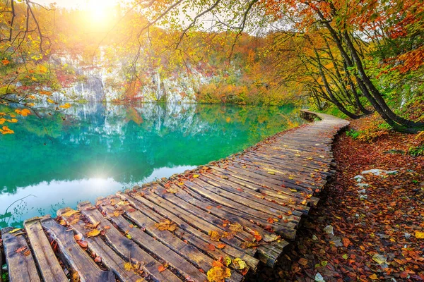 Tolle Herbstlandschaft Mit Spektakulärem See Bunten Laubwald Gemütliche Holzsteg Über — Stockfoto