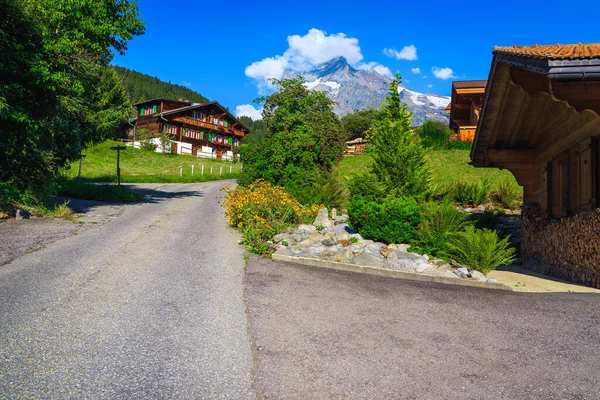 美しい庭園と美しい景色を望むかわいい木造住宅 Grindelwald Bernese Oberland Switzerland Europe — ストック写真