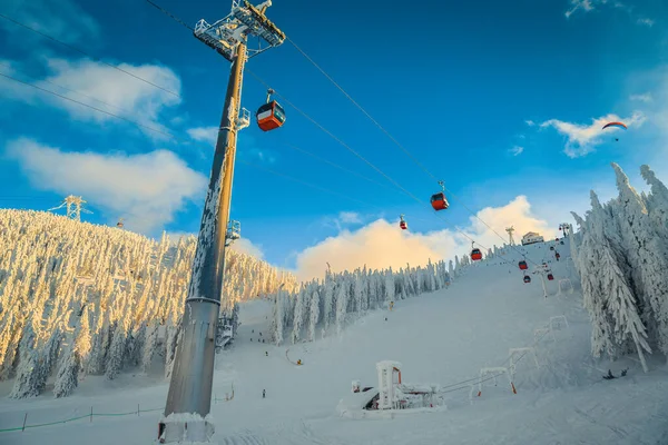 Fantastiskt Vinterlandskap Med Snöig Tallskog Fantastisk Skidort Med Skidgondoler Och — Stockfoto