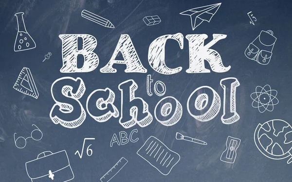 School stationary icons and back to school  draw with chalk on a blackboard. 3D Rendering.