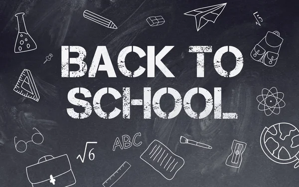 School stationary icons and back to school  draw with chalk on a blackboard. 3D Rendering.