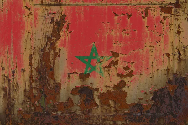 Realistic illustration of Morocco flag on dirty, rusty, grunge metallic surface. 3D rendering.