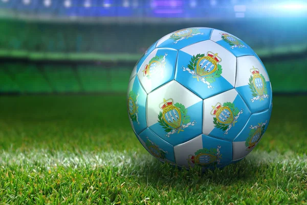 High quality render of 3D football ball at a stadium on green grasses at night. 3D rendering.