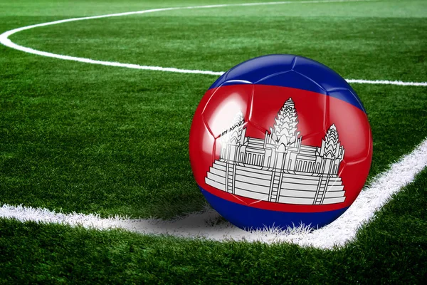 High quality render of soccer ball ready to shoot at at soccer field on green grasses. 3D rendering.