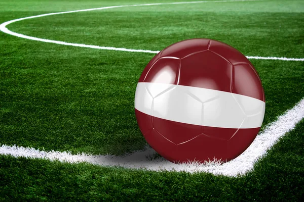 High quality render of soccer ball ready to shoot at at soccer field on green grasses. 3D rendering.