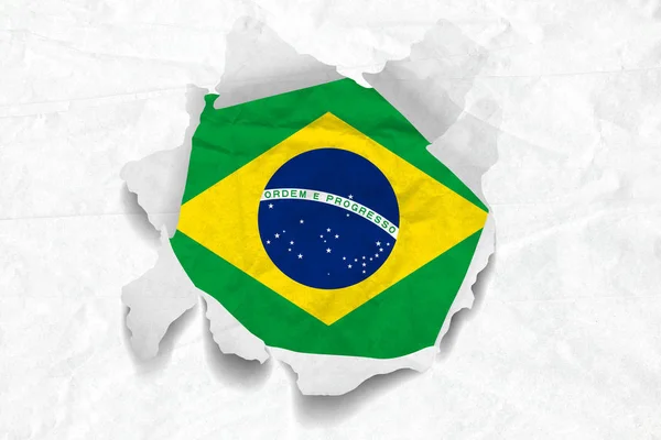 Realistic illustration of Brazil flag on torned, wrinkled, dirty, grunge paper. 3D rendering.