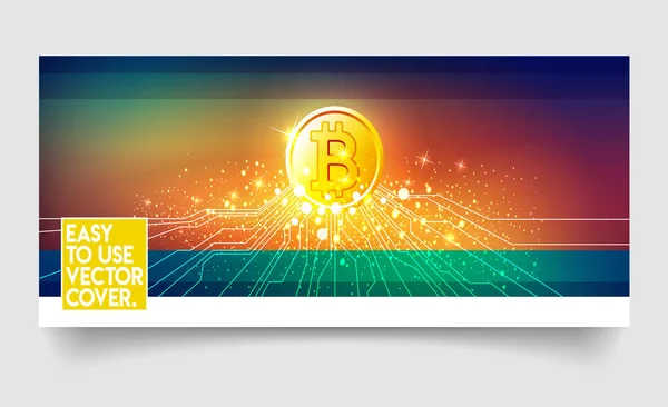 Bitcoin Moderno Banner Web Horizontal Cubierta Con Moneda Bit Oro — Vector de stock