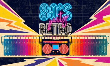 80s, retro müzik parti afiş ya da kapak. Eski stil vektör poster. 80'ler parti için floresan neon tarzı disko. 1980 radyo kaset çalar. Moda arka plan kolay düzenlenebilir bir şablona olay için.