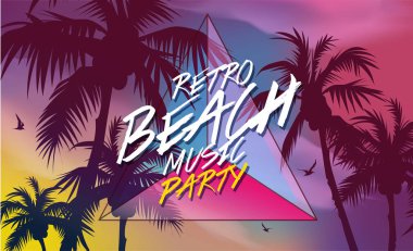 Retro 80 's müzik yeni yıl eğlencesi daveti, afiş veya kapak plaj. Hindistan cevizi ağacı tropikal sahilinde vintage sıcak tonları ile yaptı. Üçgen seksenli öğesi. Arka plan kolay düzenlenebilir poster için.