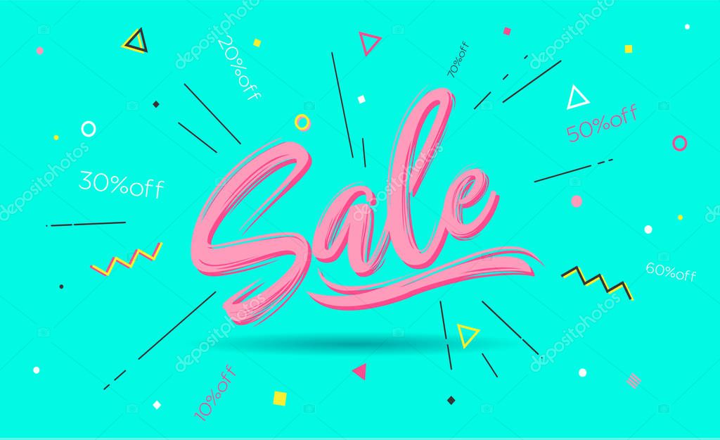 Sale. Banner, speech cover and sticker, memphis geometric style with text Sale. Icon message Sale cloud talk for banner, poster, web on a blue background. Vector Illustration
