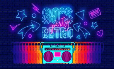 80s, retro, geleceğin müzik parti afiş ya da kapak. Eski stil vektör poster. 80'ler parti için floresan neon tarzı disko. 1980 radyo kaset çalar. Moda arka plan kolay düzenlenebilir bir şablona